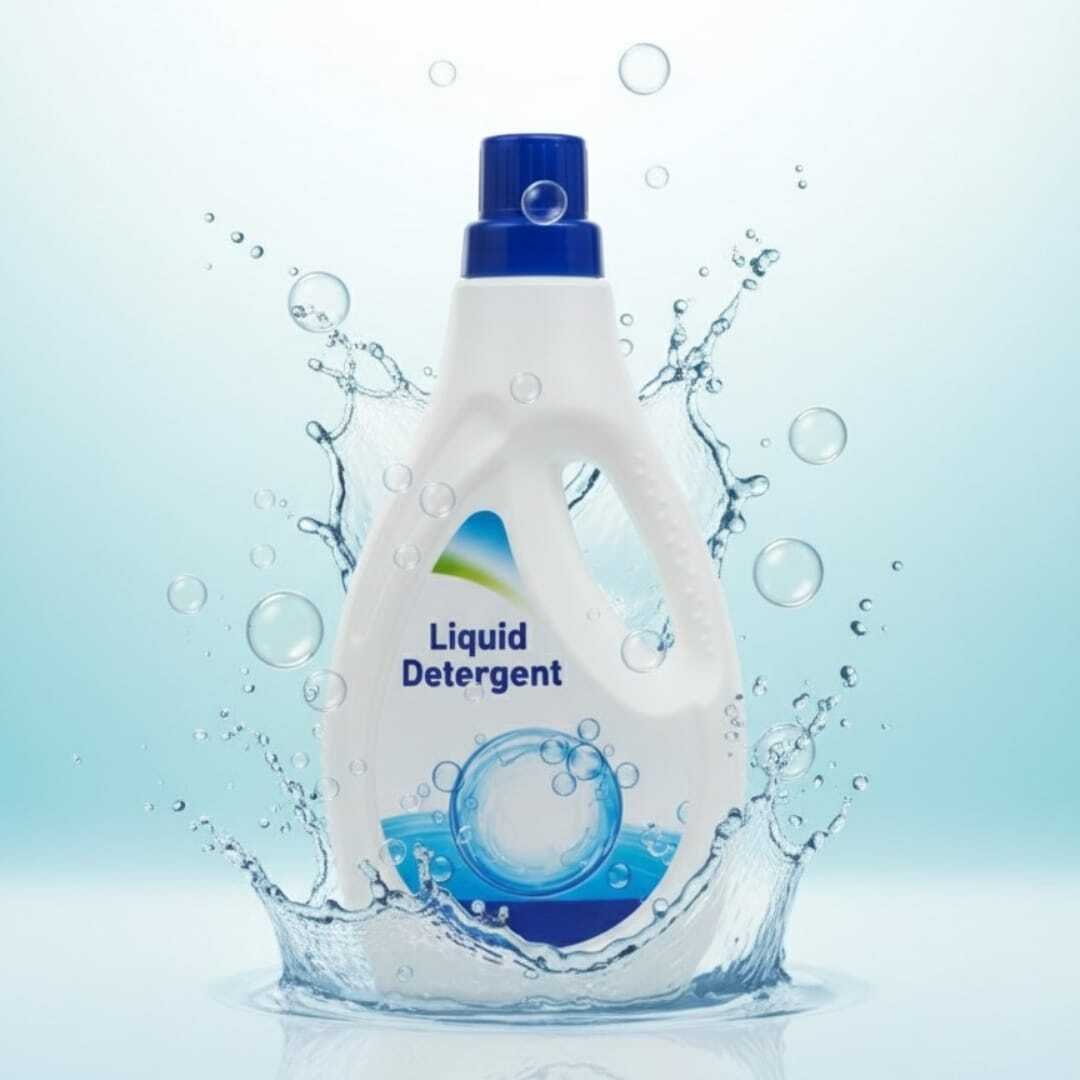 Liquid detergent bottle with water splash for powerful laundry cleaning