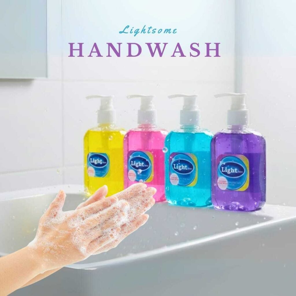Colorful liquid handwash bottles with foam hands hygienic bathroom sink