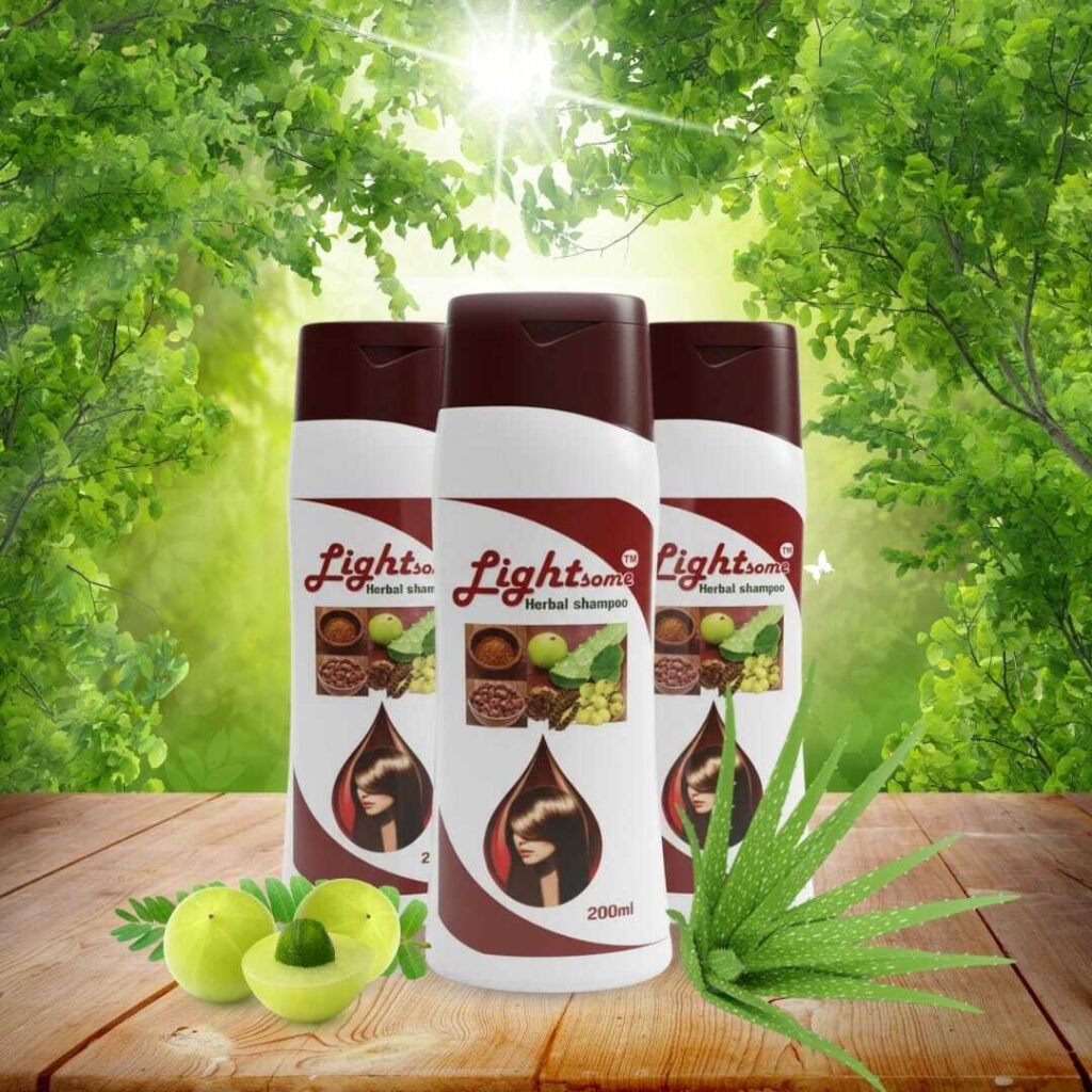 Herbal shampoo bottles with aloe vera and amla